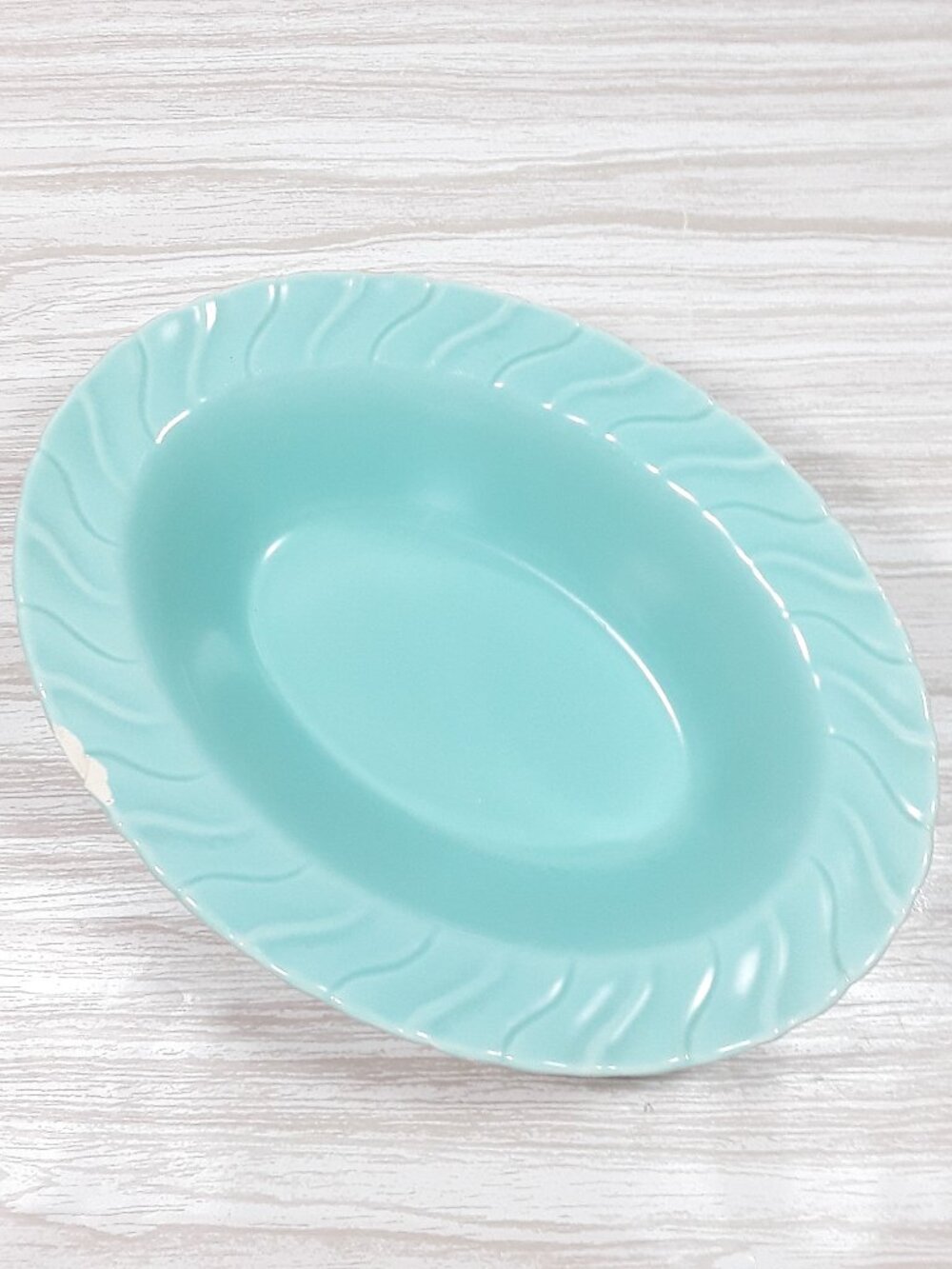 chips, 10" Oval Vegetable Bowl Franciscan Ware Coronado Aqua Swirl vintage blue
